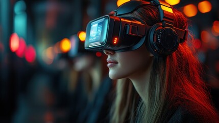 Woman wearing a virtual reality headset with headphones on
