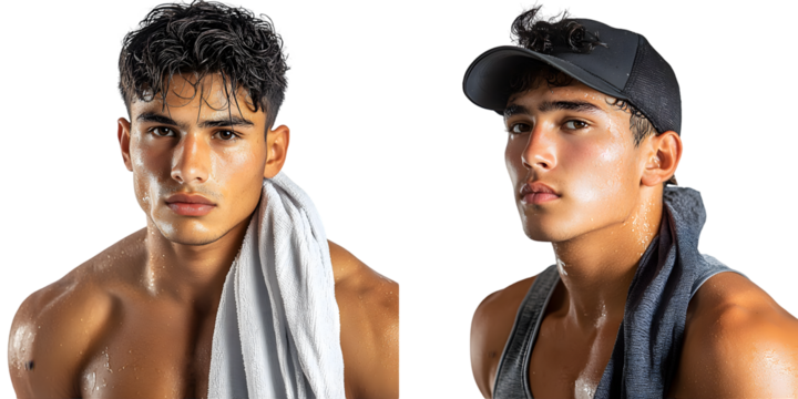 Young Latino athlete wiping sweat in studio isolated on a transparent background - Powered by Adobe