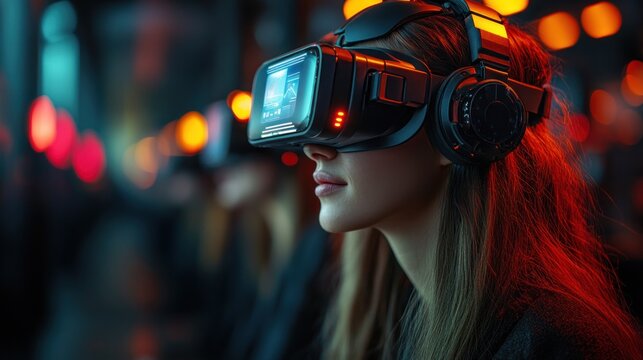 Woman wearing a virtual reality headset with headphones on