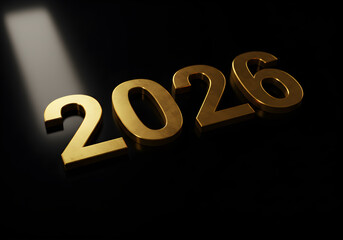 Golden Year 2026 on Dark Background with Spotlight | Shining Future Year Number for Business, Financial and Event Marketing