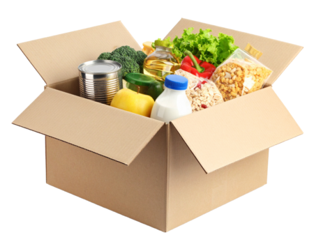 food for donation, charity concept. Canned food, pasta, fruits and vegetables in a box Isolated on Transparent or White Background