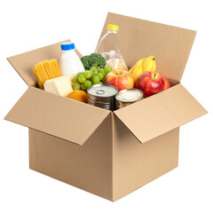 food for donation, charity concept. Canned food, pasta, fruits and vegetables in a box Isolated on Transparent or White Background