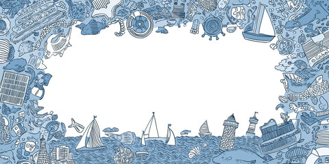Blue nautical illustrations feature sailing boats, lighthouse and maritime adventure elements.