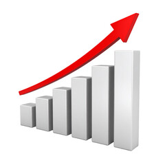 Progression chart with increasing bars and a red arrow, showcasing improvement, success Isolated on Transparent or White Background