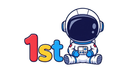 Obraz premium Cute astronaut celebrating first place victory with colorful 1st text, winner concept