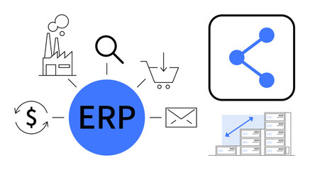 ERP in bold with symbols representing e-commerce, supply chain, cost management, data sharing, and analytics. Ideal for business management, process automation, data systems, efficiency logistics