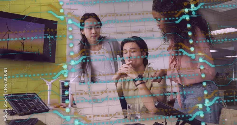 Poster seated engineer typing and projecting circuit overlay for energy as colleagues pointing at turbine
