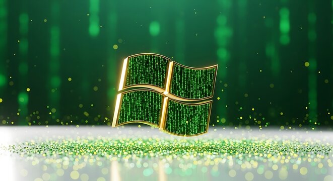 Golden Windows Logo, Green Matrix Code, Sparkling Background, Futuristic Tech Concept