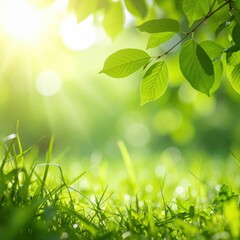 Obraz premium A sunny day with vibrant green leaves and fresh grass, bringing a sense of peace and renewal. The sunshine is radiant