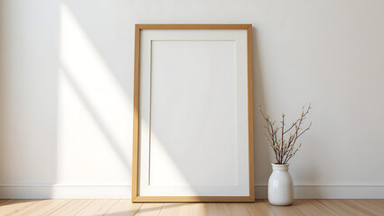 vertical wooden frame with a white mat stands on a light wood floor against a white wall, beside a white vase with dry branches, illuminated by a diagonal beam of sunlight