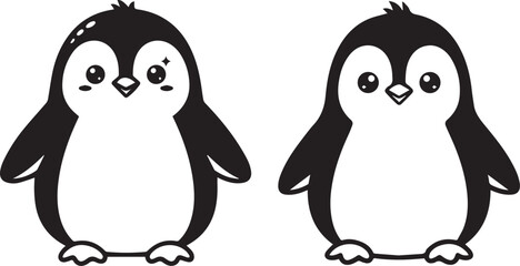 Minimalist black and white penguin character icons – cute cartoon duo with expressive faces and spot-the-difference details.