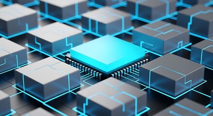 Abstract Futuristic Technology: Glowing Blue Microchip Circuit Board Network