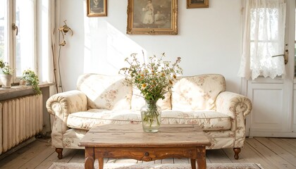 Sunlit living room with floral arrangement on a vintage sofa and coffee table