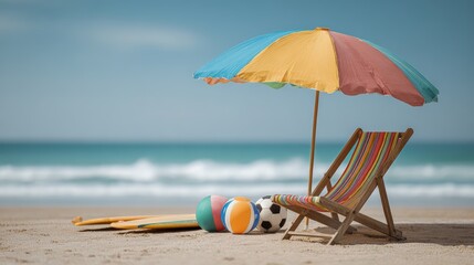 Colorful beach chair and umbrella with surfboards and balls on sandy shore under clear blue sky, captured in bright daylight, ideal for tropical vacation marketing and summer travel promotions