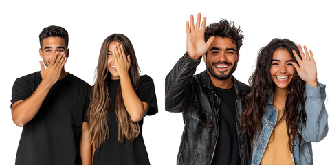 Young Latino couple in studio having fun covering half of face with palm isolated on a transparent background