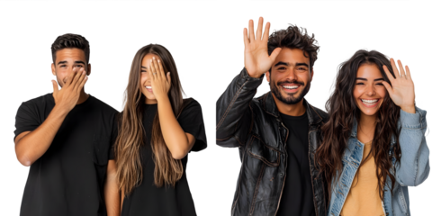 Young Latino couple in studio having fun covering half of face with palm isolated on a transparent background