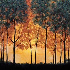 Sunset forest landscape painting trees art nature scenic autumn fall season canvas print wall decor artwork