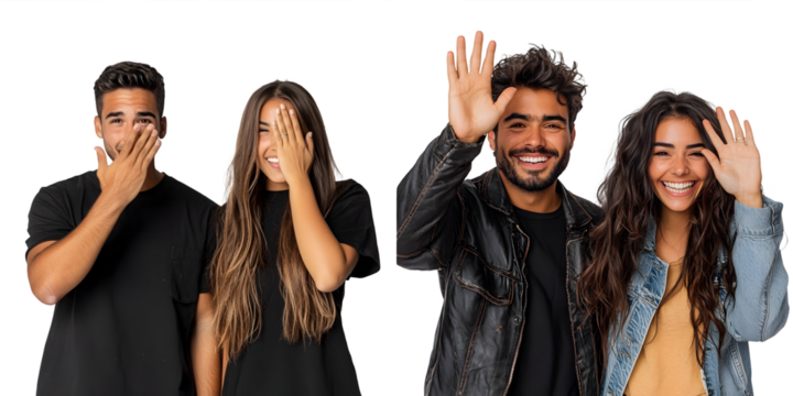 Young Latino couple in studio having fun covering half of face with palm isolated on a transparent background