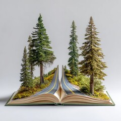 Open book reveals a road through a forest