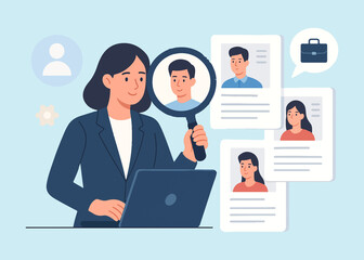 Characters using artificial intelligence technology for business recruitment, job searches, and interviews. Human resources concept. Vector illustration.
