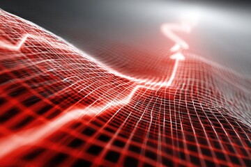 Abstract red arrow ascends a gridded, undulating surface