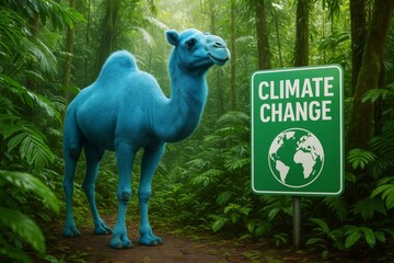 Bright blue camel in lush green jungle beside climate change sign highlighting environmental awareness and animal displacement concerns. Ai generative