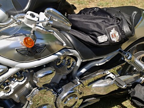 Close-up of a Harley-Davidson V-Rod motorcycle showing engine and seat details