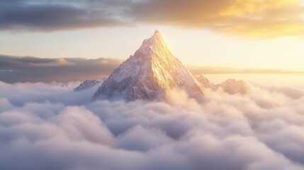 Majestic snow-covered mountain peak rising above clouds at sunrise