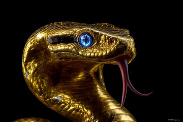 Stunning golden snake with piercing blue eyes against a dark backdrop, perfect for luxury branding