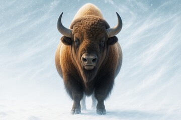 Majestic bison standing in snowy landscape with snowfall and soft light on an icy blue abstract background. Ai generative. Ai generative