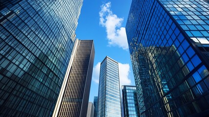 Fototapeta premium Low-angle view of modern skyscrapers against a partly cloudy sky (4)