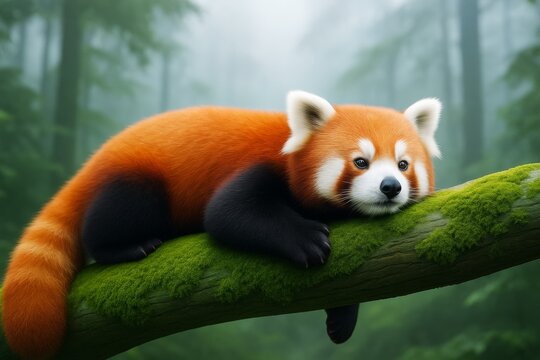 Adorable red panda resting on mossy tree branch in serene misty forest environment, peaceful wildlife concept with soft natural light background. Ai generative