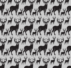 Minimalist seamless pattern of deer silhouettes. This modern, graphic design features a repeating black stag and fawn against a grey background. Perfect for rustic, woodland, and holiday themes