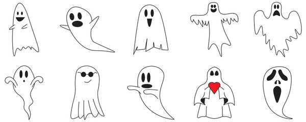 Halloween. Ghosts icon set. Collection of various scary and funny ghosts and animal ghosts. Magic symbols for parties, celebrations, templates and decorations.
