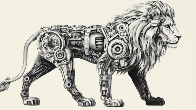 Video of mechanical lion with metal gears and cyber details walking in profile view on light background concept
