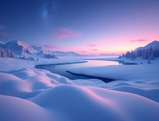 Serene winter landscape with frozen river and pink sky