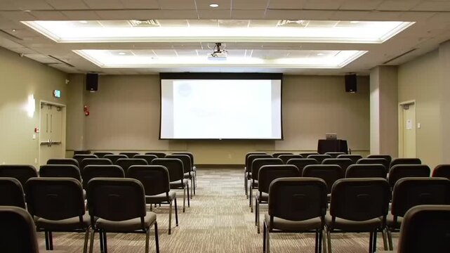 Empty conference room with rows of chairs facing a projection screen, ready for an event