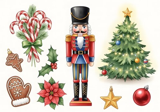 Classic christmas decorations featuring a nutcracker candy canes poinsettia and a decorated tree