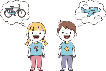 Happy Children Imagining Bicycle and Airplane, Cartoon Kids Thinking in Thought Bubbles, Vector Illustration of Childhood Dreams and Aspirations
