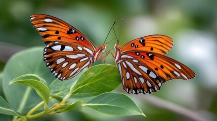 Obraz premium Two vibrant orange butterflies with distinct black and white patterns delicately touching antennae on a fresh green leaf