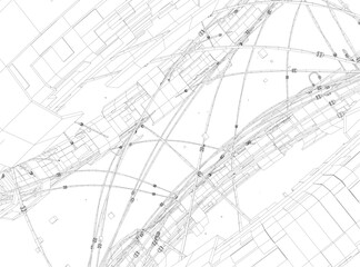 Black and white architectural wireframe drawing of a space station, featuring intricate symmetrical lines and a clean geometric composition.