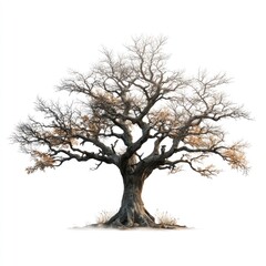 A large, bare deciduous tree stands against a white background, its few remaining leaves a muted orange