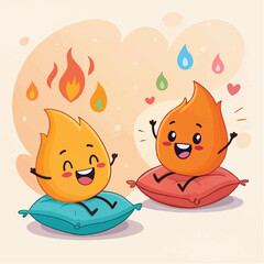 Happy Fire Characters Sitting on Pillows with Colorful Drops and Hearts