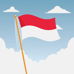 Vector Illustration of Indonesian Flag Waving in the Sky with Clouds
