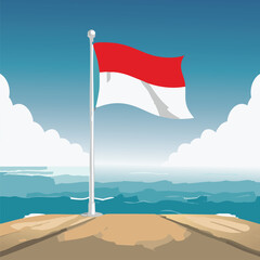Indonesian Red and White Flag Waving by the Sea with Blue Sky