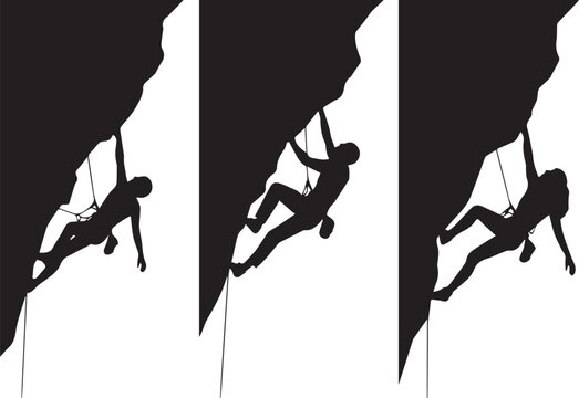 vector illustration of rock climbers on overhanging rock face safety harness rope silhouette adventure sport design
