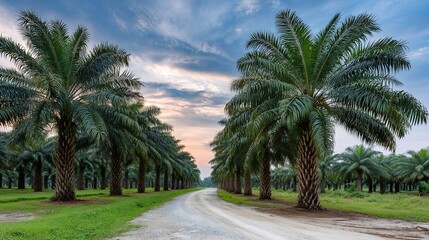 A winding dirt road cuts through a palm oil plantation at dusk Numerous green palm trees line the path under a serene cloudy sky