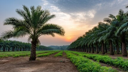 Obraz premium Expansive palm oil plantation at sunset featuring numerous rows of tall palm trees and green undergrowth across cultivated land