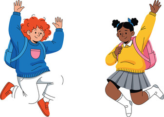 Happy School Children Jumping with Backpacks, Colorful Kids Vector Illustration for Education, Back to School and Childhood Joy Themes