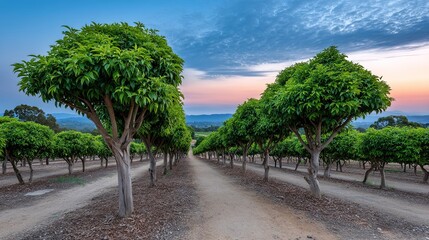 Fototapeta premium A dirt path extends through a vibrant green orchard with symmetrically planted trees under a colorful sunset sky